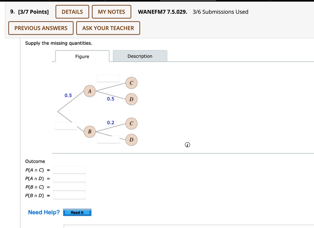 9. [3/7 Points]
DETAILS
MY NOTES WANEFM7 7.5.029. 3/6 Submissions Used
PREVIOUS ANSWERS
ASK YOUR TEACHER
Supply the missing quantities.
Figure
Description
C
A
0.5
0.5
D
Outcome
P(A ∩C) =
P(A ∩D) =
P(B ∩C) =
P(B ∩D) =
Need Help?
Read It
0.2
C
B
D