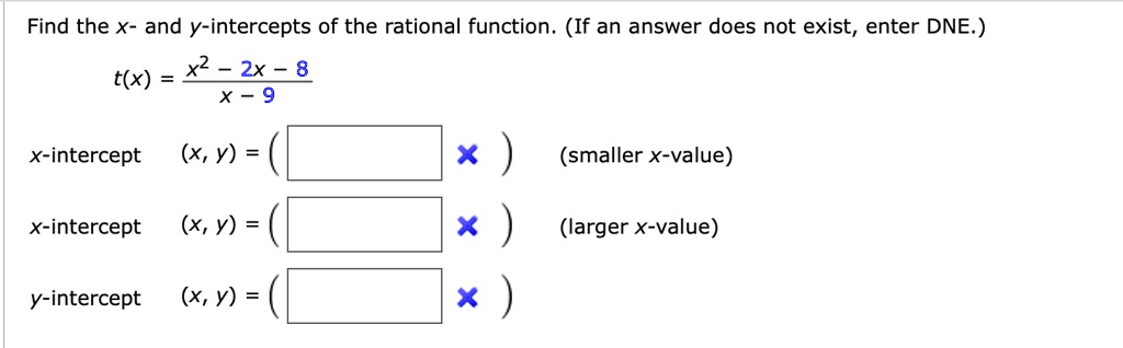 Solved Find The X And Y Intercepts Of The Rational Function If An Answer Does Not Exist Enter Dne X2 2x 8 T X X 9 X Intercept X Y X Smaller