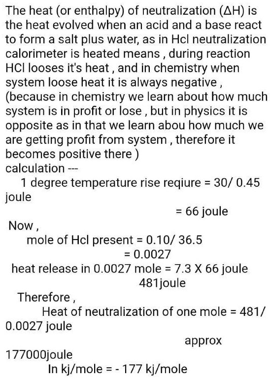 SOLVED The heat (or enthalpy) of neutralization (AH) is the heat