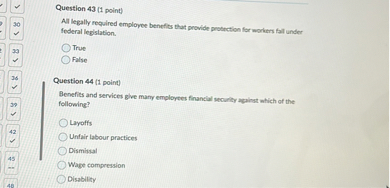 Question 43 (1 point)
All legally required employee benefits that provide protection for workers fall under federal legislation.
True
False

Question 44 (1 point)
Benefits and services give many employees financial security against which of the following?
Layoffs
Unfair labour practices
Dismissal
Wage compression
Disability