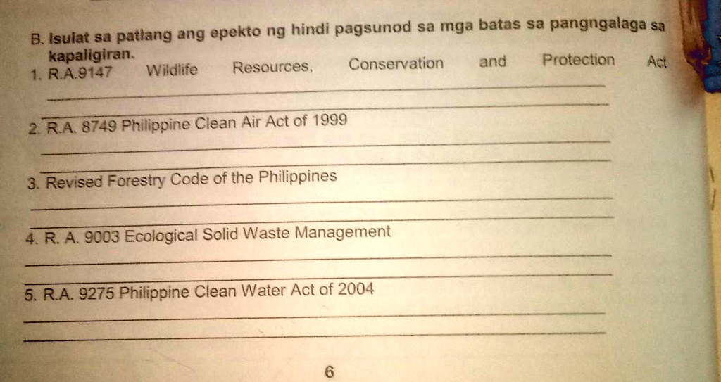 SOLVED: Isulat sa patlang ang epekto ng hindi pagsunod sa mga batas sa