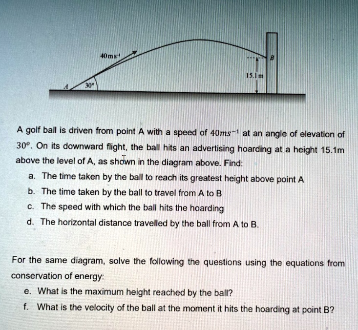 SOLVED A golf ball is driven from point A with a speed of 40 m/s at an