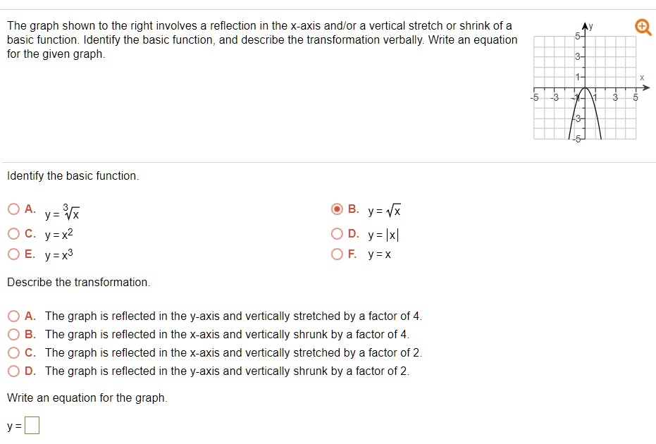 Solved The Graph Shown To The Right Involves A Reflection In The X Axis Andlor A Vertical Stretch Or Shrink Of A Basic Function Identify The Basic Function And Describe The Transformation Verbally