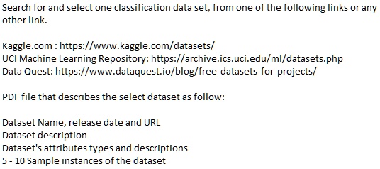 Search for and select one classification data set, from one of the following links or any
other link.
Kaggle.com: https://www.kaggle.com/datasets/
UCI Machine Learning Repository: https://archive.ics.uci.edu/ml/datasets.php
Data Quest: https://www.dataquest.io/blog/free-datasets-for-projects/
PDF file that describes the select dataset as follow:
Dataset Name, release date and URL
Dataset description
Dataset's attributes types and descriptions
5- 10 Sample instances of the dataset