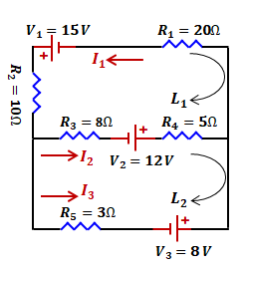 V1 = 15V R1 = 20?
I1
L1
R2 = 10? R3 = 8? R4 = 5?
I2 V2 = 12V
I3 L2
R5 = 3?
V3 = 8V