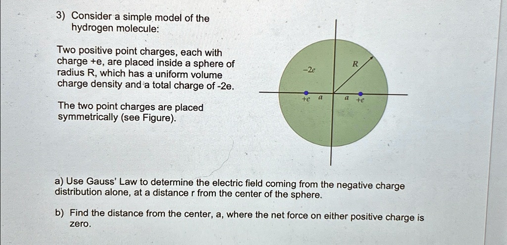 3) Consider a simple model of the
hydrogen molecule:
Two positive point charges, each with
charge +e, are placed inside a sphere of
radius R, which has a uniform volume
charge density and a total charge of -2e.
The two point charges are placed
symmetrically (see Figure).
a) Use Gauss' Law to determine the electric field coming from the negative charge
distribution alone, at a distance r from the center of the sphere.
b) Find the distance from the center, a, where the net force on either positive charge is
zero.