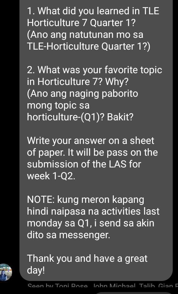 1. What did you learned in TLE Horticulture 7 Quarter 1? (Ano ang ...