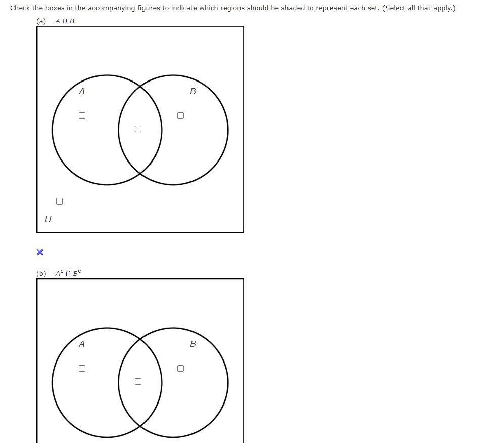 check the boxes in the accompanying figures to indicate which regions should be shaded to represent each set select all that apply check the boxes in the accompanying figures to indicate whi 74855