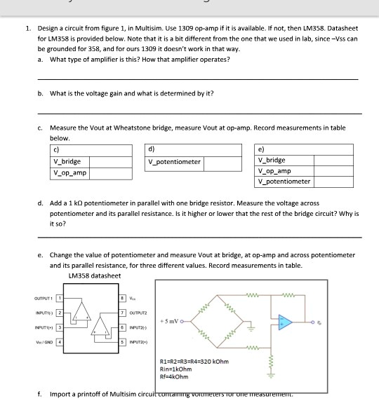 SOLVED: 1.Design A Circuit From Figure 1, In Multisim. Use 1309 Op-amp ...