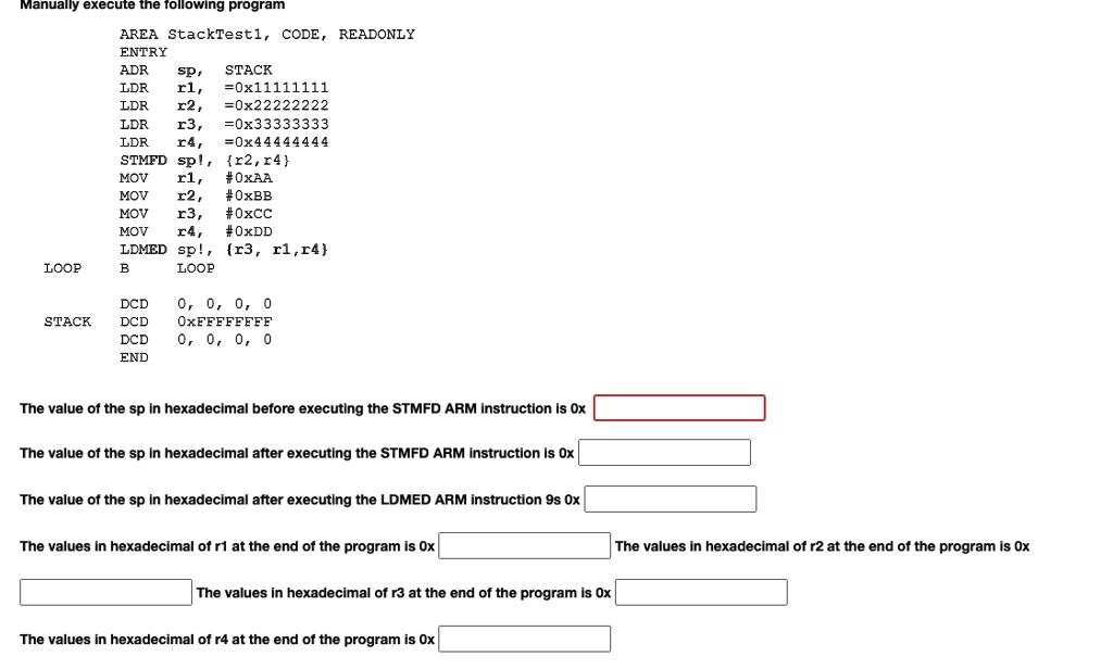 SOLVED AREA StackTest1 CODE READONLY ENTRY ADR sp STACK LDR r1