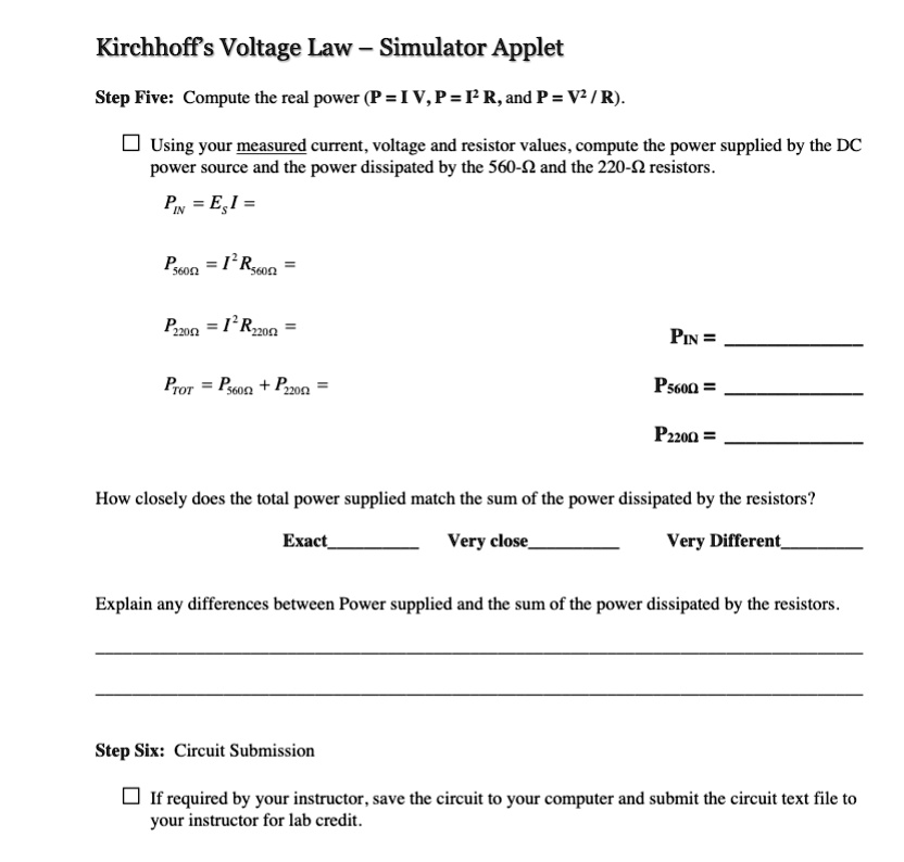 SOLVED: Kirchhoff's Voltage Law - Simulator Applet Step Five: Compute ...
