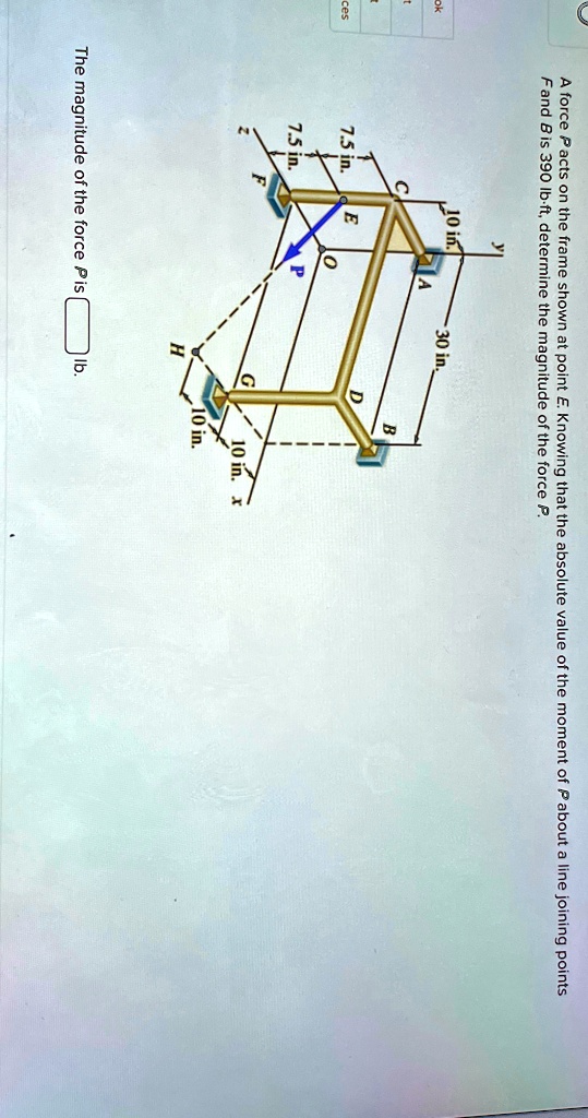 A force P acts on the frame shown at point E. Knowing that the absolute value of the moment of P about a line joining points F and B is 390 lb-ft, determine the magnitude of the force P.
10 in.
30 in.
A
C
B
D
7.5 in.
E
0
7.5 in.
F
G
H
The magnitude of the force P is  lb.