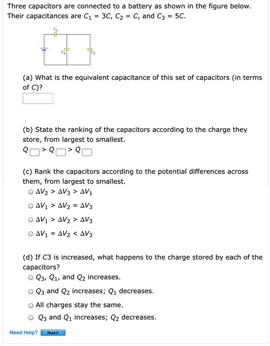 Three capacitors are connected to a battery as shown in the figure ...