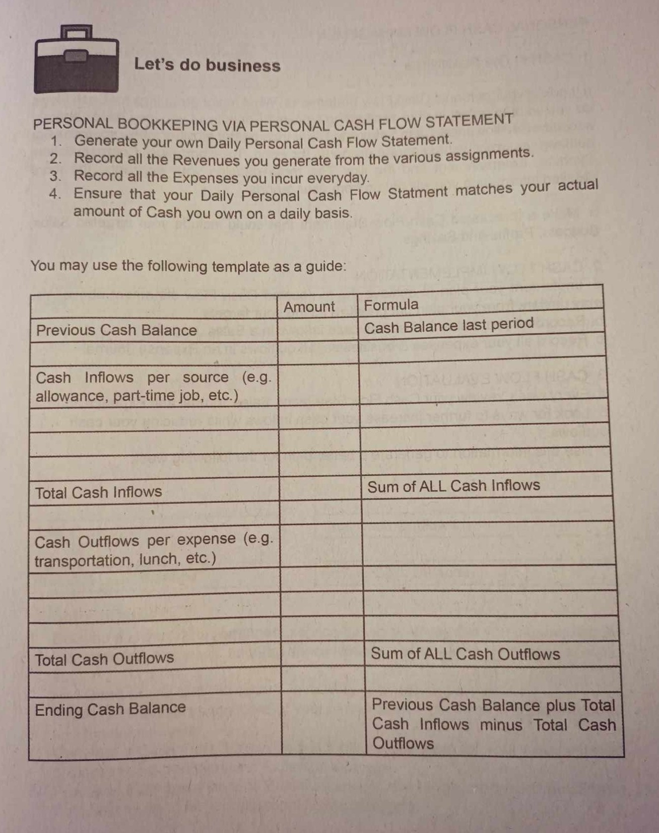 Let's do business

PERSONAL BOOKKEPING VIA PERSONAL CASH FLOW STATEMENT
1. Generate your own Daily Personal Cash Flow Statement.
2. Record all the Revenues you generate from the various assignments.
3. Record all the Expenses you incur everyday.
4. Ensure that your Daily Personal Cash Flow Statment matches your actual amount of Cash you own on a daily basis.

You may use the following template as a guide: