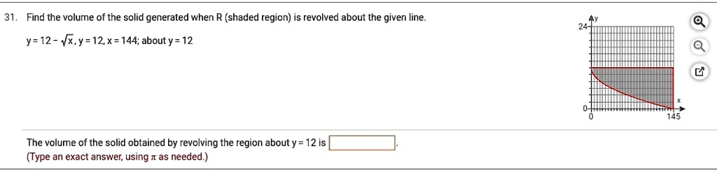 31. Find the volume of the solid generated when R (shaded region) is revolved about the given line.
y = 12 - √(x), y = 12, x = 144; about y = 12
The volume of the solid obtained by revolving the region about y = 12 is 
(Type an exact answer, using πas needed.)