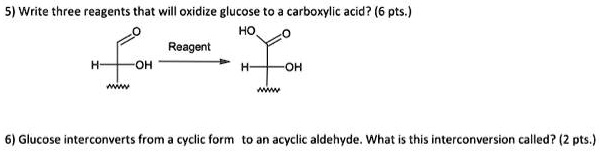 5) Write three reagents that will oxidize glucose to a carboxylic acid? (6 pts.)
Reagent
6) Glucose interconverts from a cyclic form to an acyclic aldehyde. What is this interconversion called? (2 pts.)