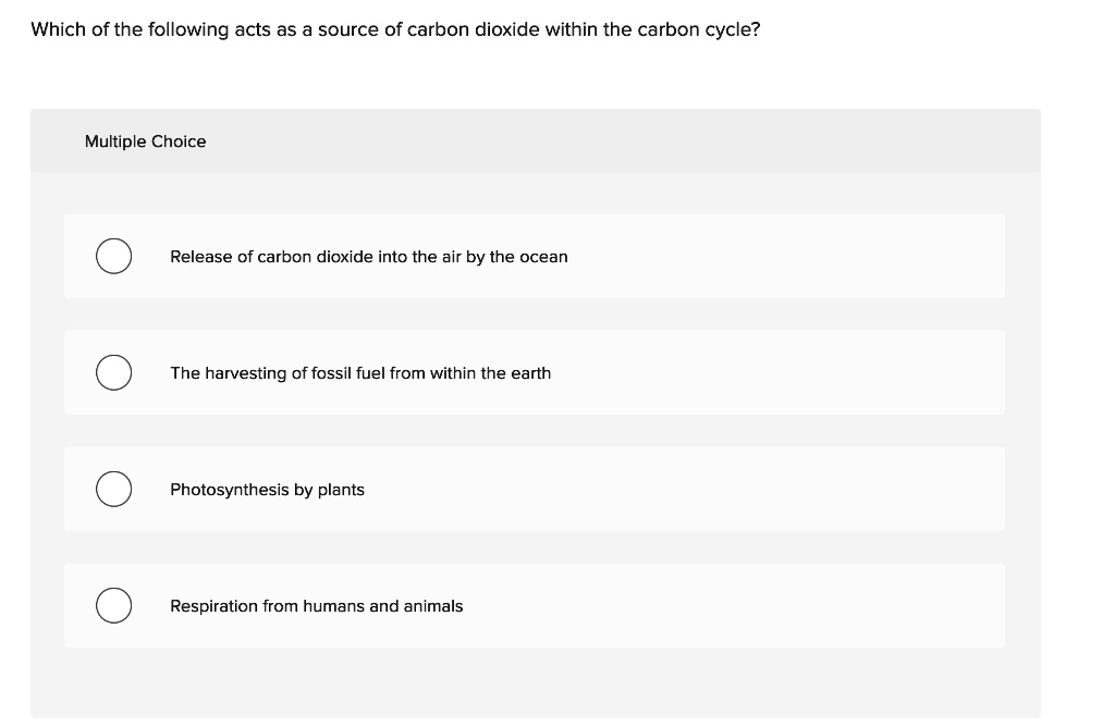 SOLVED: Which of the following acts as a source of carbon dioxide within  the carbon cycle? Multiple Choice Release of carbon dioxide into the air by  the ocean The harvesting of fossil