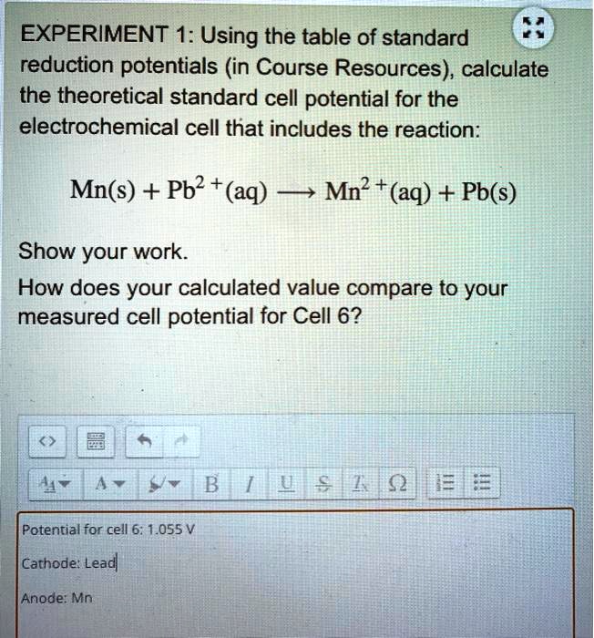 SOLVED EXPERIMENT 1 Using the table of standard reduction potentials