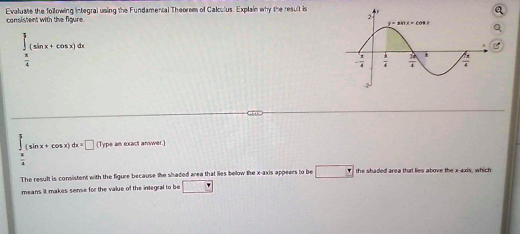 Evaluate the following integral using the Fundamental Theorem of Calculus. Explain why the result is consistent with the figure.

∫-(π)/(4)^(π)/(4) (sin x + cos x)   dx

∫-(π)/(4)^(π)/(4) (sin x + cos x)   dx =(Type an exact answer.)
The result is consistent with the figure because the shaded area that lies below the x-axis appears to bethe shaded area that lies above the x-axis, which means it makes sense for the value of the integral to be