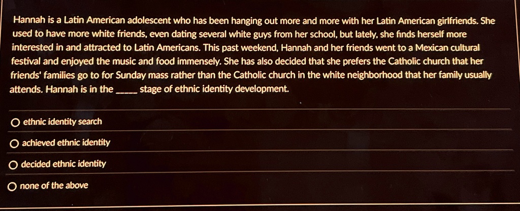 hannah is a latin american adolescent who has been hanging out more and more with her latin american girlfriends she used to have more white friends even dating several white guys from her s 07929
