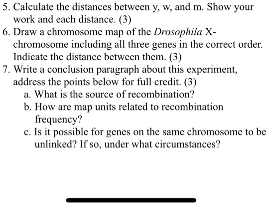 5. Calculate the distances between y, w, and m. Show your
work and each distance. (3)
6. Draw a chromosome map of the Drosophila X-
chromosome including all three genes in the correct order.
Indicate the distance between them. (3)
7. Write a conclusion paragraph about this experiment,
address the points below for full credit. (3)
a. What is the source of recombination?
b. How are map units related to recombination
frequency?
c. Is it possible for genes on the same chromosome to be
unlinked? If so, under what circumstances?