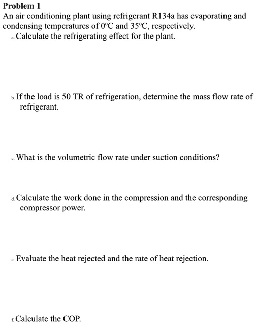 SOLVED Problem 1 An air conditioning plant using refrigerant R134a