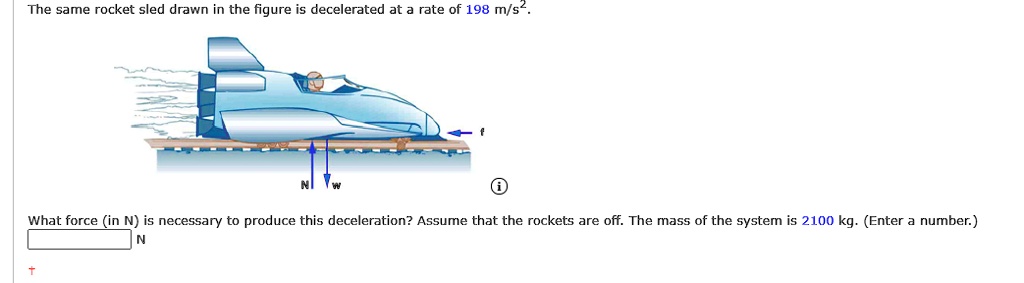 The same rocket sled drawn in the figure is decelerated at a rate of 198 m/s^2.
f
N
W
What force (in N) is necessary to produce this deceleration? Assume that the rockets are off. The mass of the system is 2100 kg. (Enter a number.)
N