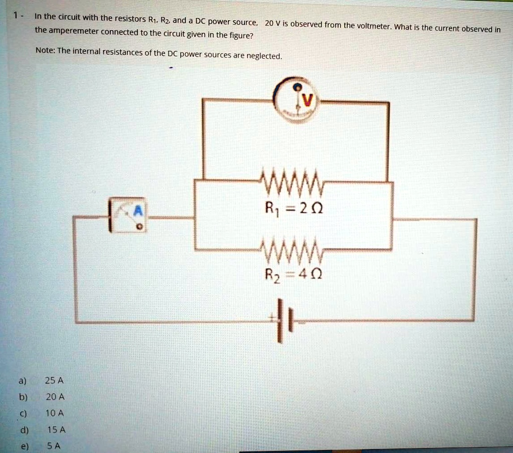 1- In the circuit with the resistors R1, R2, and a DC power source, 20 ...