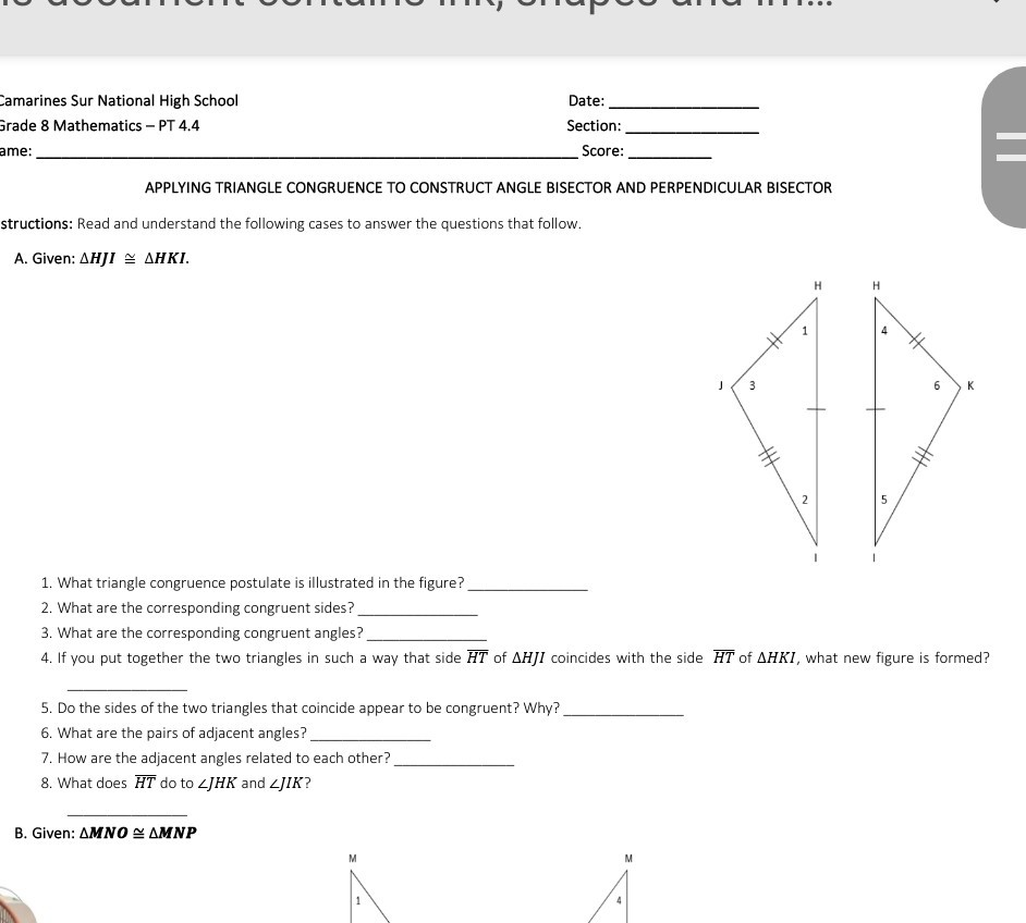 Solved Camarines Sur National High School Örade 8 Mathematics Pt 44 Ame Date Section 