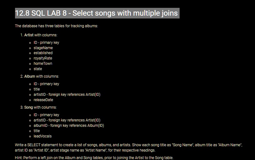 SOLVED: 2.8 SQL LAB 8 - Select songs with multiple joins The database ...