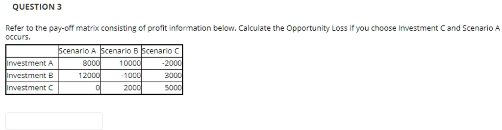 QUESTION 3
Refer to the pay-off matrix consisting of profit information below. Calculate the Opportunity Loss if you choose Investment C and Scenario A occurs.

| | Scenario A | Scenario B | Scenario C |
|—|—|—|—|
| Investment A | 8000 | 10000 | -2000 |
| Investment B | 12000 | -1000 | 3000 |
| Investment C | 0 | 2000 | 5000 |