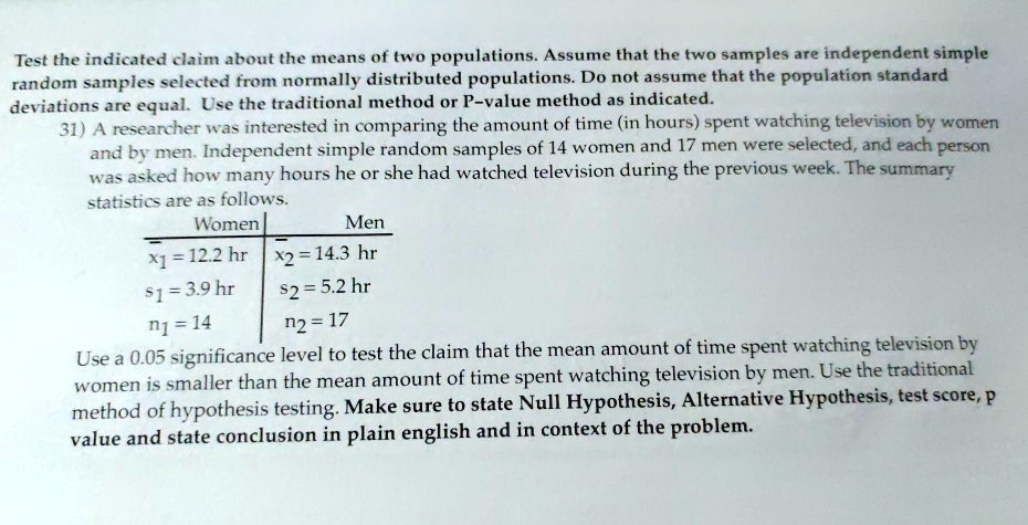 Test the indicated claim about the means of two populations. Assume that the two samples are independent simple random samples selected from normally distributed populations. Do not assume that the population standard deviations are equal. Use the traditional method or P-value method as indicated.
31) A researcher was interested in comparing the amount of time (in hours) spent watching television by women and by men. Independent simple random samples of 14 women and 17 men were selected, and each person was asked how many hours he or she had watched television during the previous week. The summary statistics are as follows.
Women	Men
arx1 = 12.2 hr	arx2 = 14.3 hr
s1 = 3.9 hr	s2 = 5.2 hr
n1 = 14	n2 = 17
Use a 0.05 significance level to test the claim that the mean amount of time spent watching television by women is smaller than the mean amount of time spent watching television by men. Use the traditional method of hypothesis testing. Make sure to state Null Hypothesis, Alternative Hypothesis, test score, p value and state conclusion in plain english and in context of the problem.