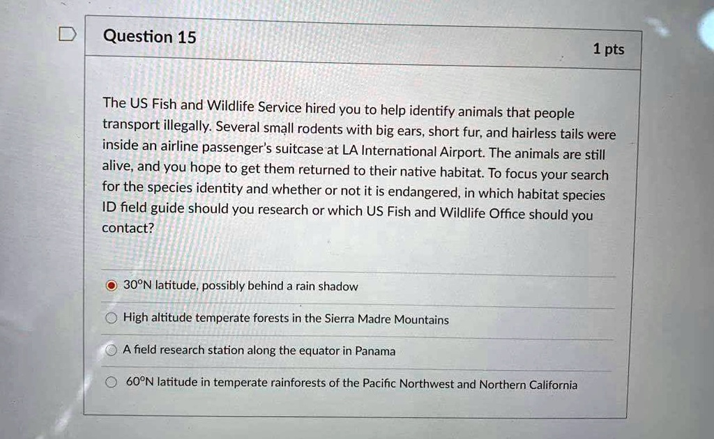 The US Fish and Wildlife Service hired you to help identify animals that people transport illegally. Several small rodents with big ears, short fur, and hairless tails were inside an airline passenger's suitcase at LA International Airport. The animals are still alive, and you hope to get them returned to their native habitat. To focus your search for the species identity and whether or not it is endangered, in which habitat species ID field guide should you research or which US Fish and Wildlife Office should you contact?
30°N latitude, possibly behind a rain shadow
High altitude temperate forests in the Sierra Madre Mountains
A field research station along the equator in Panama
60°N latitude in temperate rainforests of the Pacific Northwest and Northern California