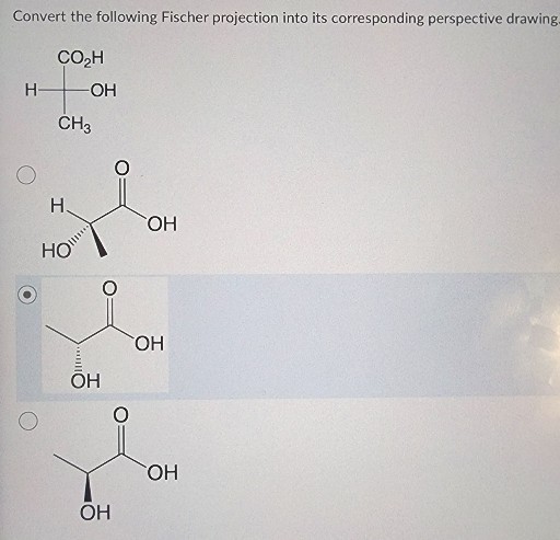 Convert the following Fischer projection into its corresponding perspective drawing.