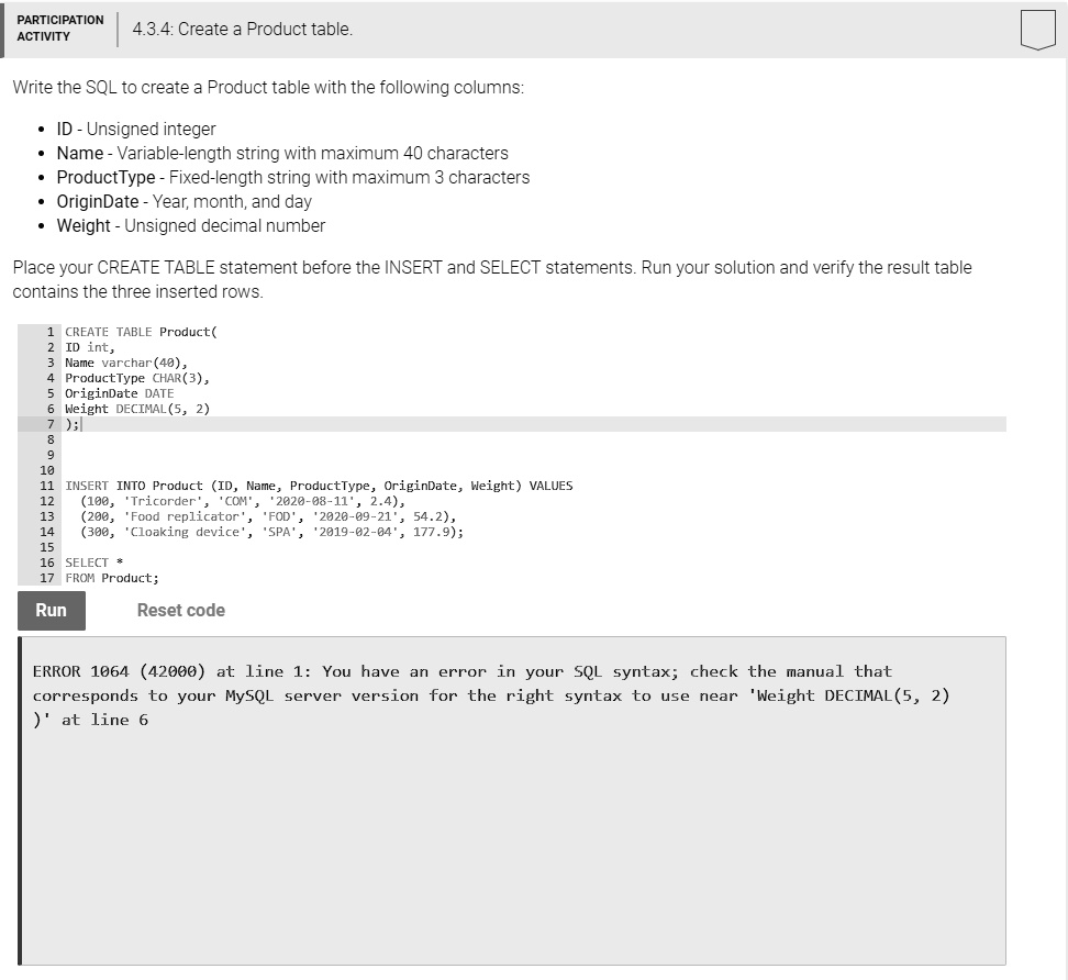 PARTICIPATION ACTIVITY 4.3.4 Create a Product table Write the SQL to