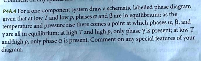 P4A.4 For a one-component system draw a schematic labelled phase diagram given that at low T and low p, phases ? and ? are in equilibrium; as the temperature and pressure rise there comes a point at which phases ?, ?, and ? are all in equilibrium; at high T and high p, only phase ? is present; at low T and high p, only phase ? is present. Comment on any special features of your diagram.