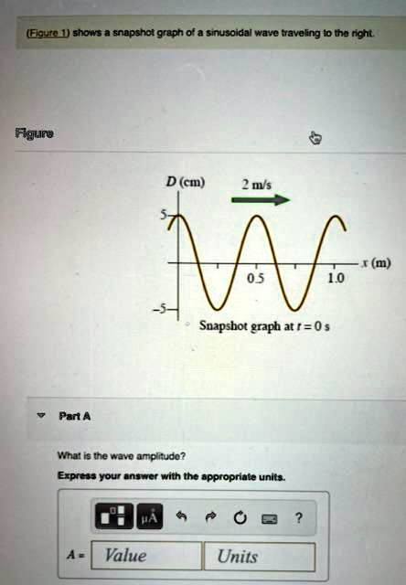 (Figure 1) shows a snapshot graph of a sinusoidal wave traveling to the right.
Figure
D (cm)
2 m/s
Part A
x(m)
0.5
1.0
-5-
Snapshot graph at t = 0 s
What is the wave amplitude?
Express your answer with the appropriate units.
A = Value Units
