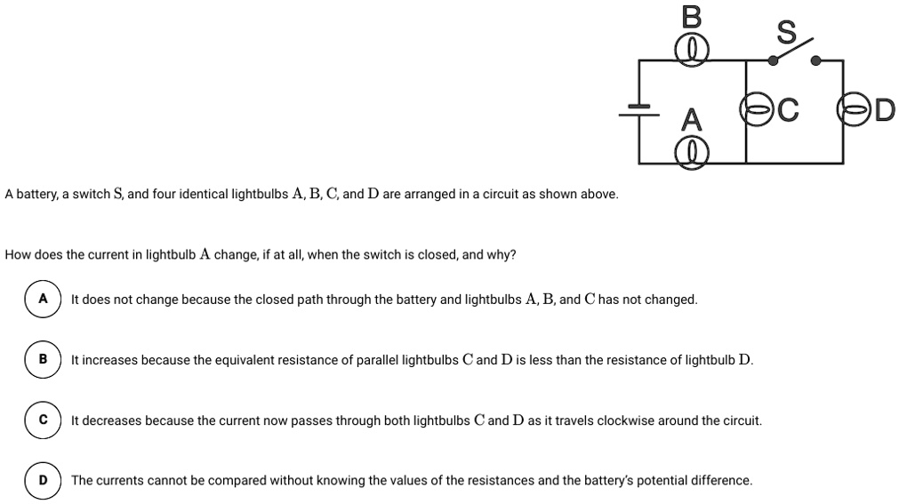 A battery, a switch S, and four identical lightbulbs A, B, C, and D are arranged in a circuit as shown above.
How does the current in lightbulb A change, if at all, when the switch is closed, and why?
A It does not change because the closed path through the battery and lightbulbs A, B, and C has not changed.
B It increases because the equivalent resistance of parallel lightbulbs C and D is less than the resistance of lightbulb D.
C It decreases because the current now passes through both lightbulbs C and D as it travels clockwise around the circuit.
D The currents cannot be compared without knowing the values of the resistances and the battery's potential difference.