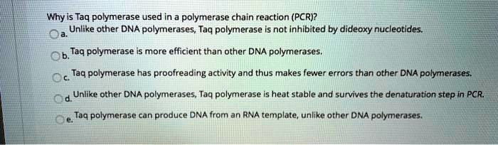Why is Taq polymerase used in a polymerase chain reaction (PCR)?
a. Unlike other DNA polymerases, Taq polymerase is not inhibited by dideoxy nucleotides.
b. Taq polymerase is more efficient than other DNA polymerases.
c. Taq polymerase has proofreading activity and thus makes fewer errors than other DNA polymerases.
d. Unlike other DNA polymerases, Taq polymerase is heat stable and survives the denaturation step in PCR.
e. Taq polymerase can produce DNA from an RNA template, unlike other DNA polymerases.