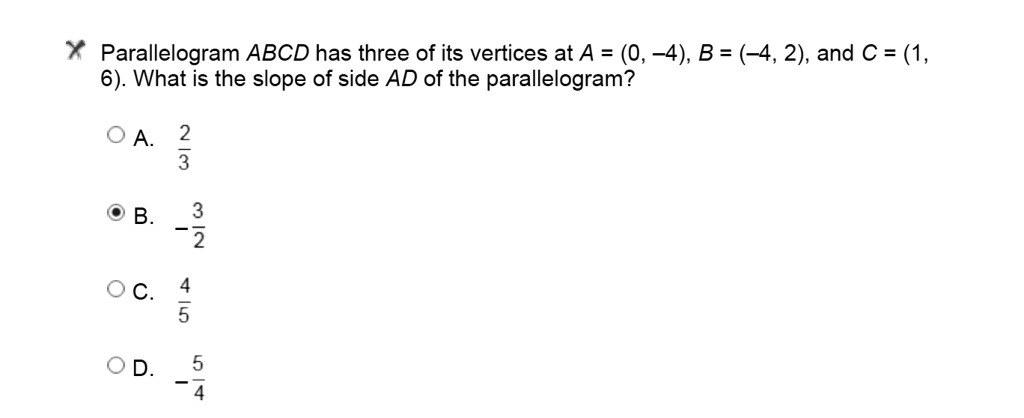 Parallelogram ABCD has three of its vertices at A = (0, -4), B = (-4, 2), and C = (1, 6). What is the slope of side AD of the parallelogram?
A. 2/3
B. -3/2
C. 4/5
D. -5/4