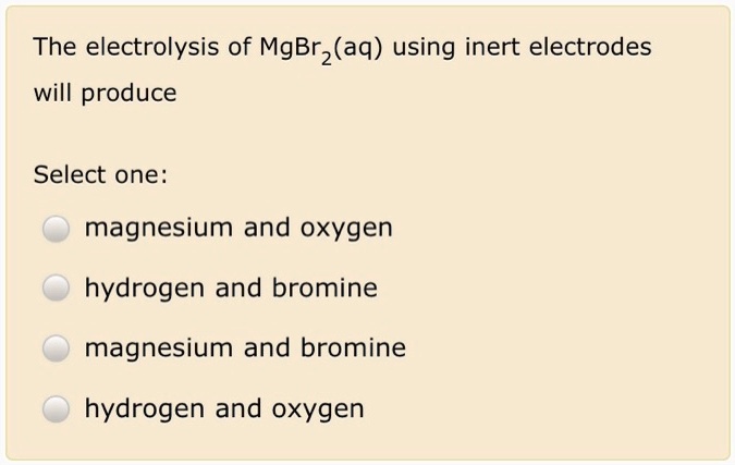 SOLVED: The electrolysis of MgBr2(aq) using inert electrodes will ...