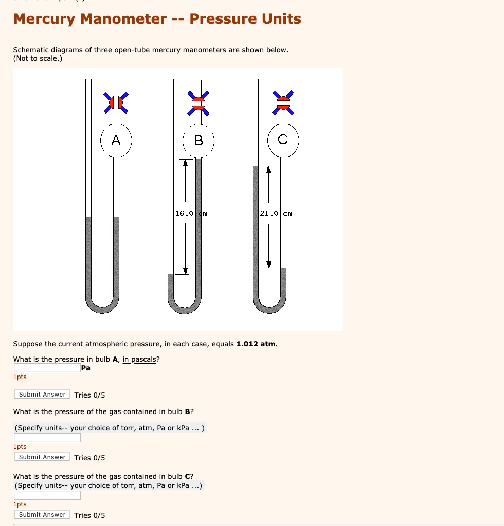 Mercury Manometer Pressure Units Schematic diagrams of three open-tube