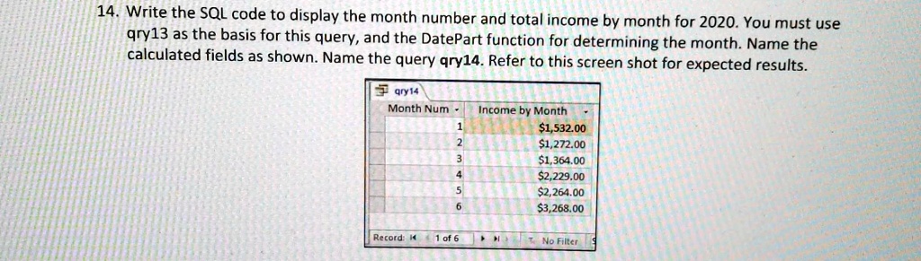 Date Part Sql Month Name 14. Write the SQL code to display the month number and total income by ...