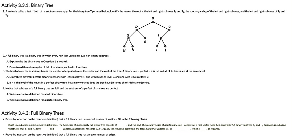 SOLVED: Activity 3.3.1:Binary Tree 1. A vertex is called a leaf if both ...