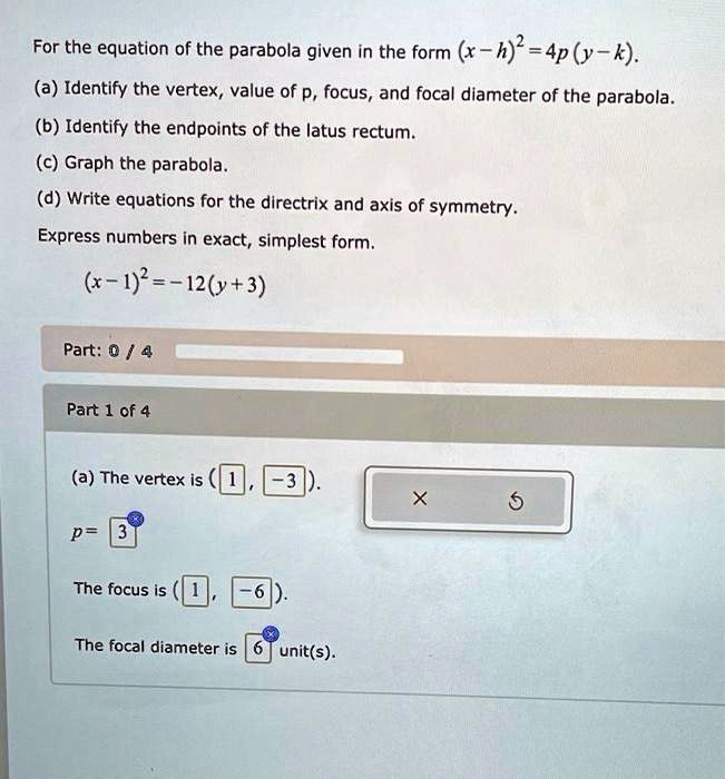 Solved For The Equation Of The Parabola Given In The Form X H 4p Y K A Identify The Vertex Value Of P Focus And Focal Diameter Of The Parabola B Identify The Endpoints Of The