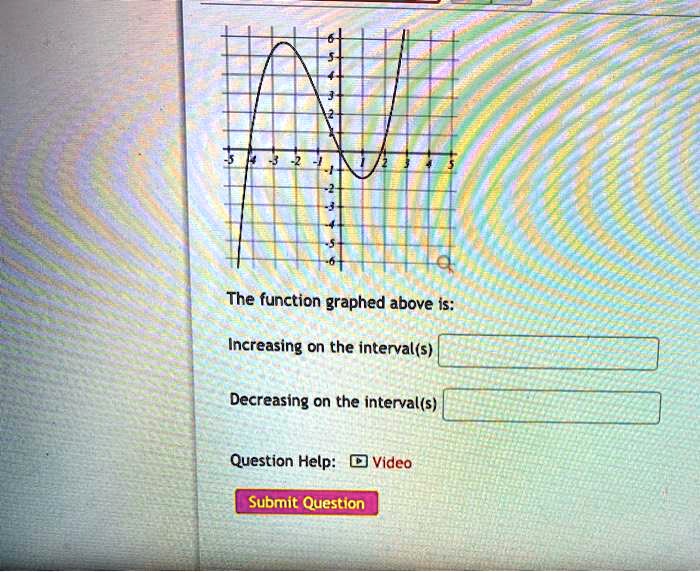 The function graphed above is:

Increasing on the interval(s)

Decreasing on the interval(s)

Question Help: Video
Submit Question