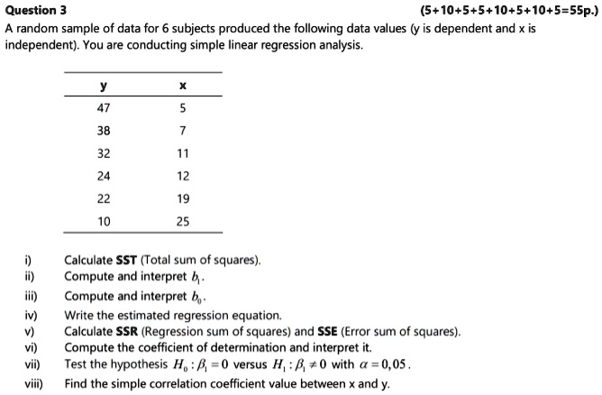 question 3 51055105105 55p a random sample of data for 6 subjects produced the following data values y is dependent and x is independent you are conducting simple linear regression analysis  06027