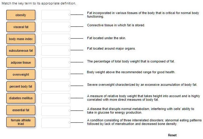 Match the key term to its appropriate definition.
obesity
visceral fat
body mass index
subcutaneous fat
adipose tissue
overweight
percent body fat
diabetes mellitus
essential fat
female athlete triad
Fat incorporated in various tissues of the body that is critical for normal body functioning.
Connective tissue in which fat is stored.
Fat located under the skin.
Fat located around major organs.
The percentage of total body weight that is composed of fat.
Body weight above the recommended range for good health.
Severe overweight characterized by an excessive accumulation of body fat.
A measure of relative body weight that takes height into account and is highly correlated with more direct measures of body fat.
A disease that disrupts normal metabolism, interfering with cells' ability to take in glucose for energy production.
A condition consisting of three interrelated disorders; abnormal eating patterns followed by lack of menstruation and decreased bone density.
Reset