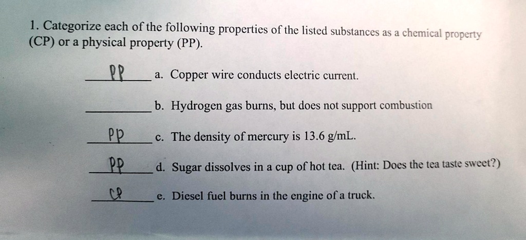 SOLVED: Categorize each of the following properties of the listed