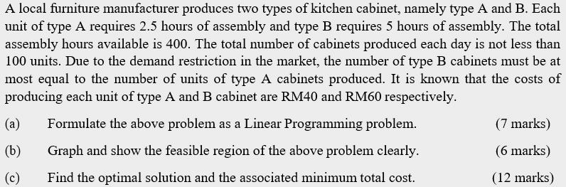 a local furniture manufacturer produces two types of kitchen cabinet namely type a and b each unit of type a requires 25 hours of assembly and type b requires 5 hours of assembly the total a 52386